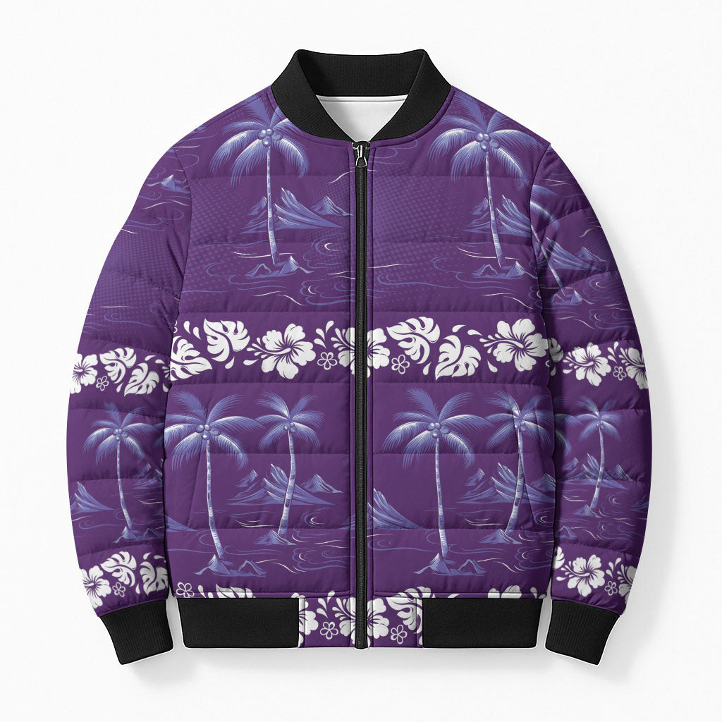 Purple Hawaii Palm Tree Hibiscus Bomber Puffer Jacket Fantasy Summer Vibe LT01 Unisex Purple - Polynesian Pride