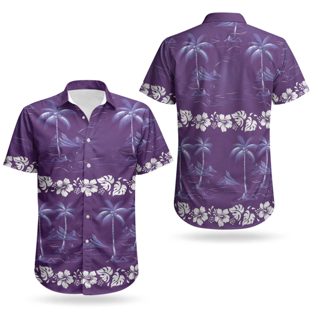 Purple Hawaii Palm Tree Hibiscus Couples Matching Long Sleeve Bodycon Dress and Hawaiian Shirt Fantasy Summer Vibe LT01 - Polynesian Pride