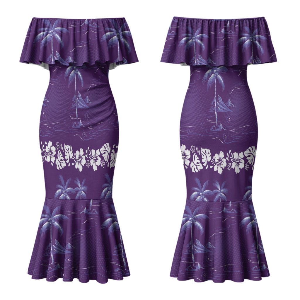 Purple Hawaii Palm Tree Hibiscus Couples Matching Mermaid Dress and Long Sleeve Button Shirt Fantasy Summer Vibe LT01 - Polynesian Pride