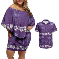 Purple Hawaii Palm Tree Hibiscus Couples Matching Off Shoulder Short Dress and Hawaiian Shirt Fantasy Summer Vibe LT01 Purple - Polynesian Pride