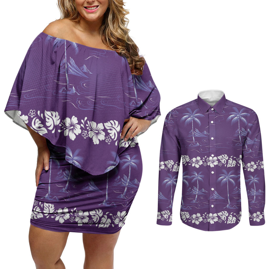 Purple Hawaii Palm Tree Hibiscus Couples Matching Off Shoulder Short Dress and Long Sleeve Button Shirt Fantasy Summer Vibe LT01 Purple - Polynesian Pride