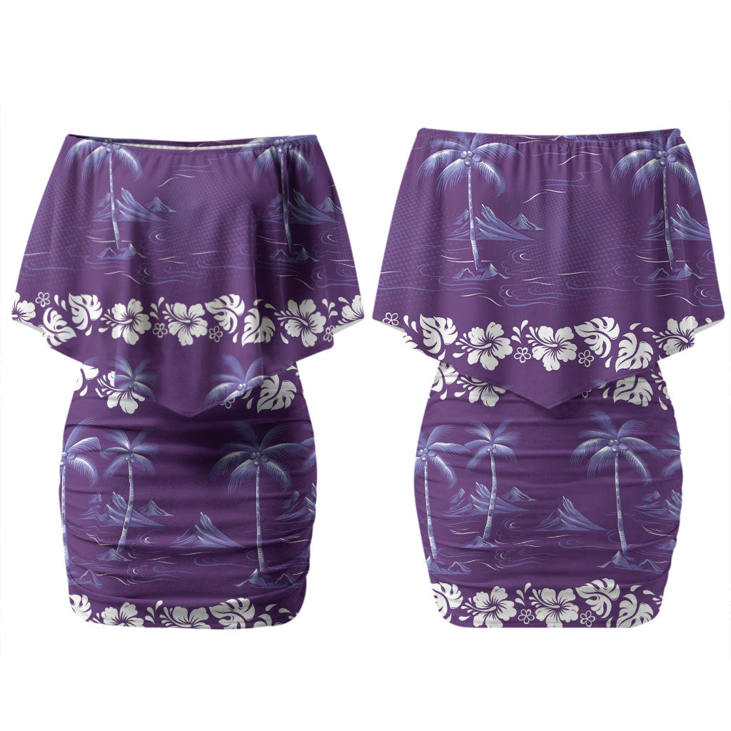 Purple Hawaii Palm Tree Hibiscus Couples Matching Off Shoulder Short Dress and Long Sleeve Button Shirt Fantasy Summer Vibe LT01 - Polynesian Pride