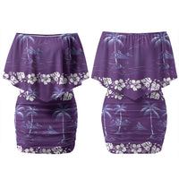 Purple Hawaii Palm Tree Hibiscus Couples Matching Off Shoulder Short Dress and Long Sleeve Button Shirt Fantasy Summer Vibe LT01 - Polynesian Pride