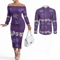 Purple Hawaii Palm Tree Hibiscus Couples Matching Off The Shoulder Long Sleeve Dress and Long Sleeve Button Shirt Fantasy Summer Vibe LT01 Purple - Polynesian Pride