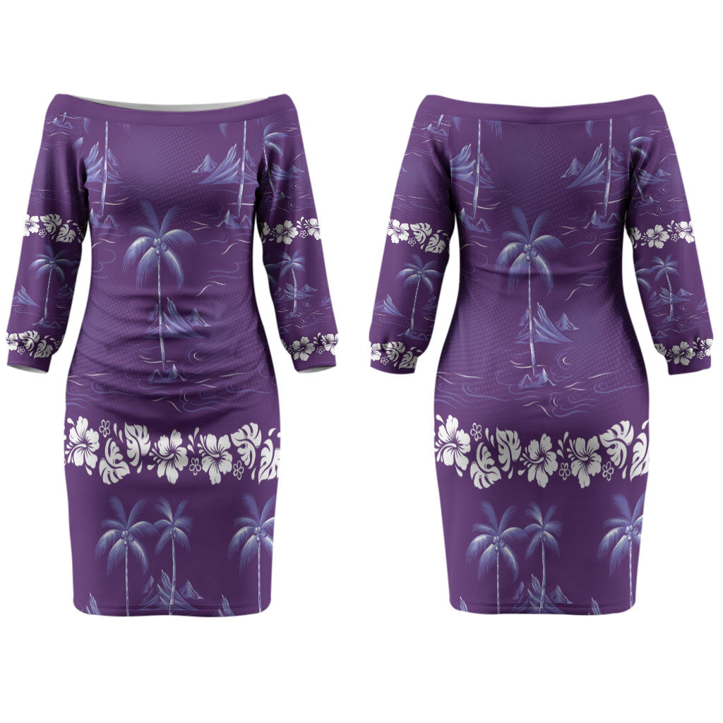 Purple Hawaii Palm Tree Hibiscus Couples Matching Off The Shoulder Long Sleeve Dress and Long Sleeve Button Shirt Fantasy Summer Vibe LT01 - Polynesian Pride