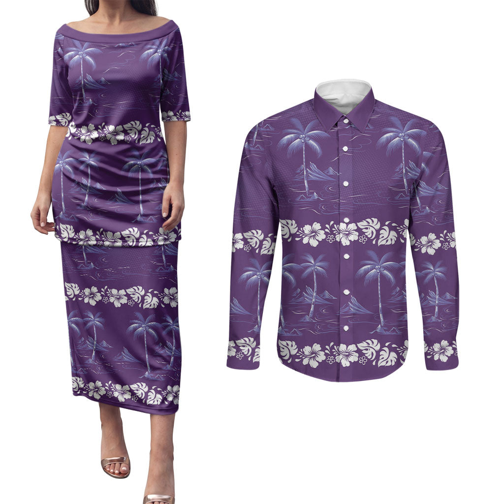 Purple Hawaii Palm Tree Hibiscus Couples Matching Puletasi and Long Sleeve Button Shirt Fantasy Summer Vibe LT01 Purple - Polynesian Pride