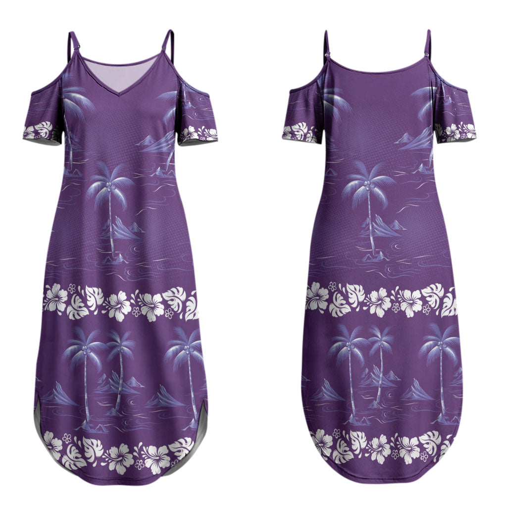 Purple Hawaii Palm Tree Hibiscus Couples Matching Summer Maxi Dress and Long Sleeve Button Shirt Fantasy Summer Vibe