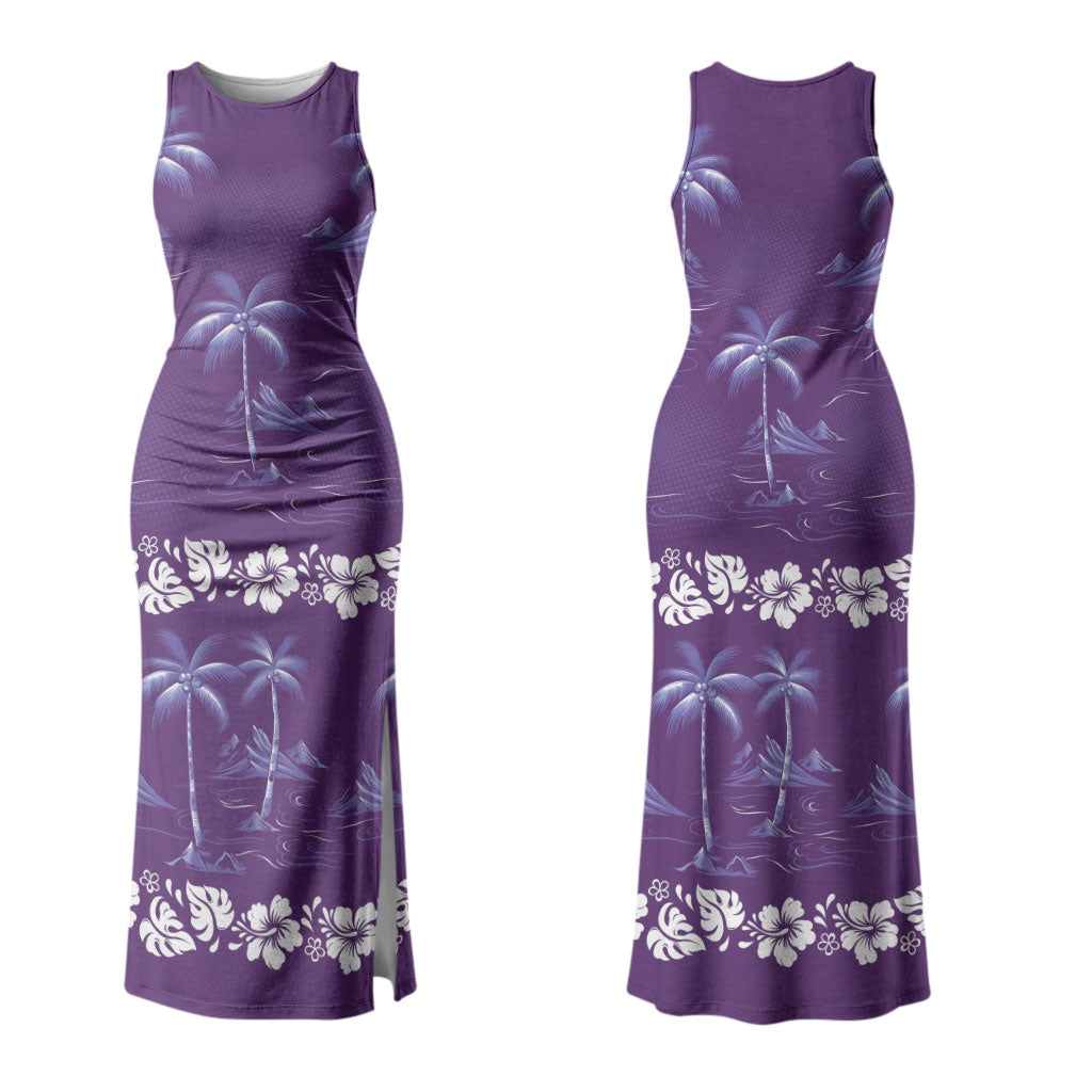 Purple Hawaii Palm Tree Hibiscus Couples Matching Tank Maxi Dress and Long Sleeve Button Shirt Fantasy Summer Vibe LT01 - Polynesian Pride