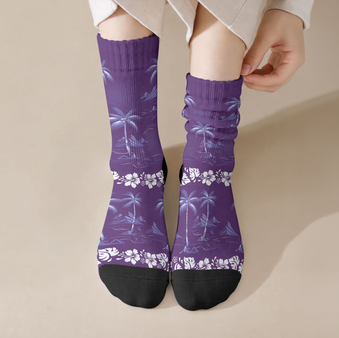 Purple Hawaii Palm Tree Hibiscus Crew Socks Fantasy Summer Vibe