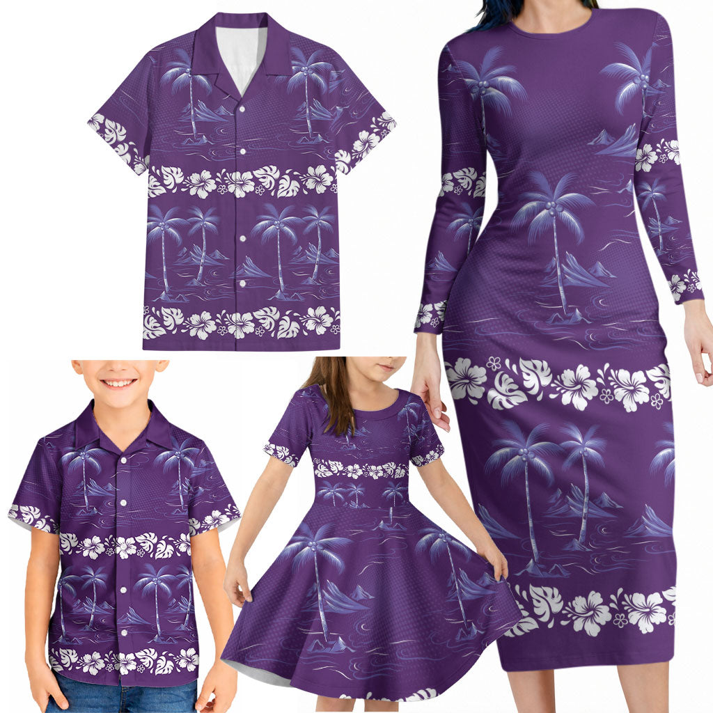 Purple Hawaii Palm Tree Hibiscus Family Matching Long Sleeve Bodycon Dress and Hawaiian Shirt Fantasy Summer Vibe LT01 - Polynesian Pride