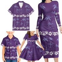 Purple Hawaii Palm Tree Hibiscus Family Matching Long Sleeve Bodycon Dress and Hawaiian Shirt Fantasy Summer Vibe LT01 - Polynesian Pride