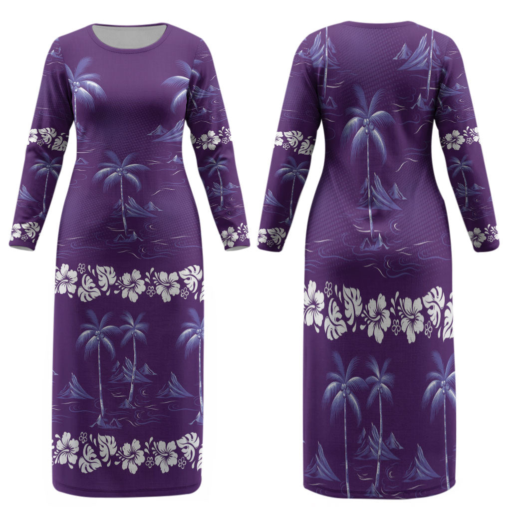 Purple Hawaii Palm Tree Hibiscus Family Matching Long Sleeve Bodycon Dress and Hawaiian Shirt Fantasy Summer Vibe LT01 Mom's Dress Purple - Polynesian Pride