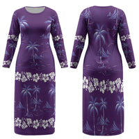 Purple Hawaii Palm Tree Hibiscus Family Matching Long Sleeve Bodycon Dress and Hawaiian Shirt Fantasy Summer Vibe LT01 Mom's Dress Purple - Polynesian Pride