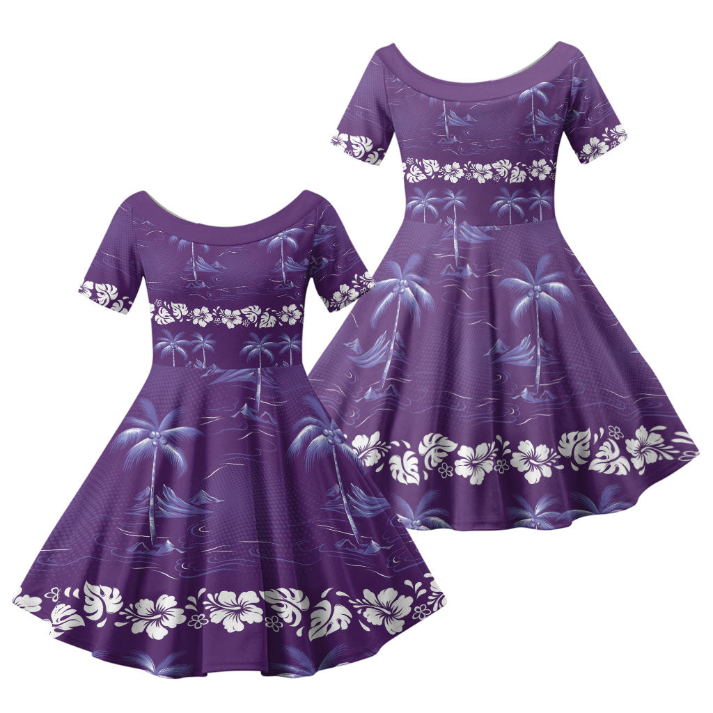 Purple Hawaii Palm Tree Hibiscus Family Matching Long Sleeve Bodycon Dress and Hawaiian Shirt Fantasy Summer Vibe LT01 Daughter's Dress Purple - Polynesian Pride
