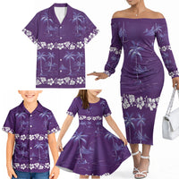 Purple Hawaii Palm Tree Hibiscus Family Matching Off The Shoulder Long Sleeve Dress and Hawaiian Shirt Fantasy Summer Vibe LT01 - Polynesian Pride
