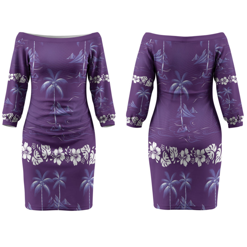 Purple Hawaii Palm Tree Hibiscus Family Matching Off The Shoulder Long Sleeve Dress and Hawaiian Shirt Fantasy Summer Vibe LT01 Mom's Dress Purple - Polynesian Pride