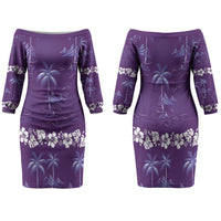 Purple Hawaii Palm Tree Hibiscus Family Matching Off The Shoulder Long Sleeve Dress and Hawaiian Shirt Fantasy Summer Vibe LT01 Mom's Dress Purple - Polynesian Pride