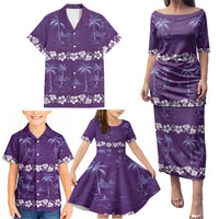 Purple Hawaii Palm Tree Hibiscus Family Matching Puletasi and Hawaiian Shirt Fantasy Summer Vibe