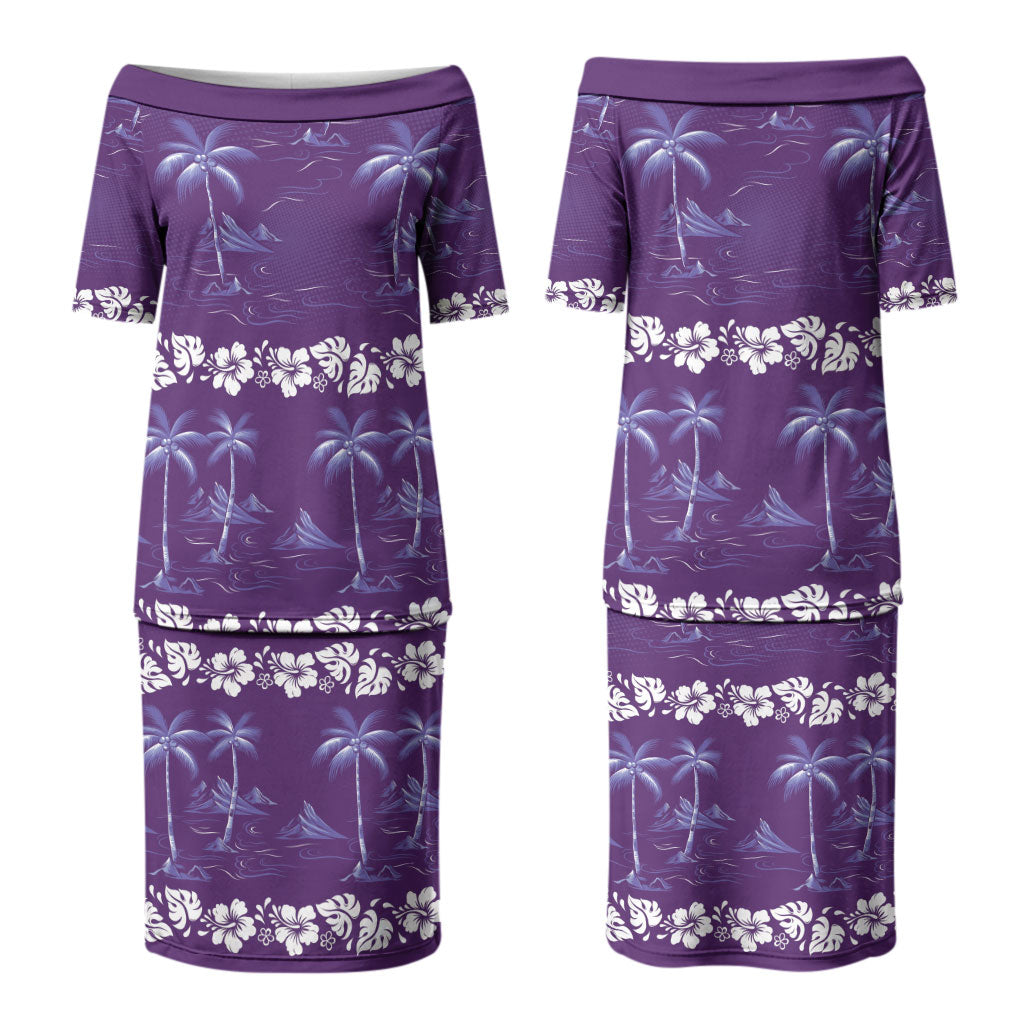Purple Hawaii Palm Tree Hibiscus Family Matching Puletasi and Hawaiian Shirt Fantasy Summer Vibe
