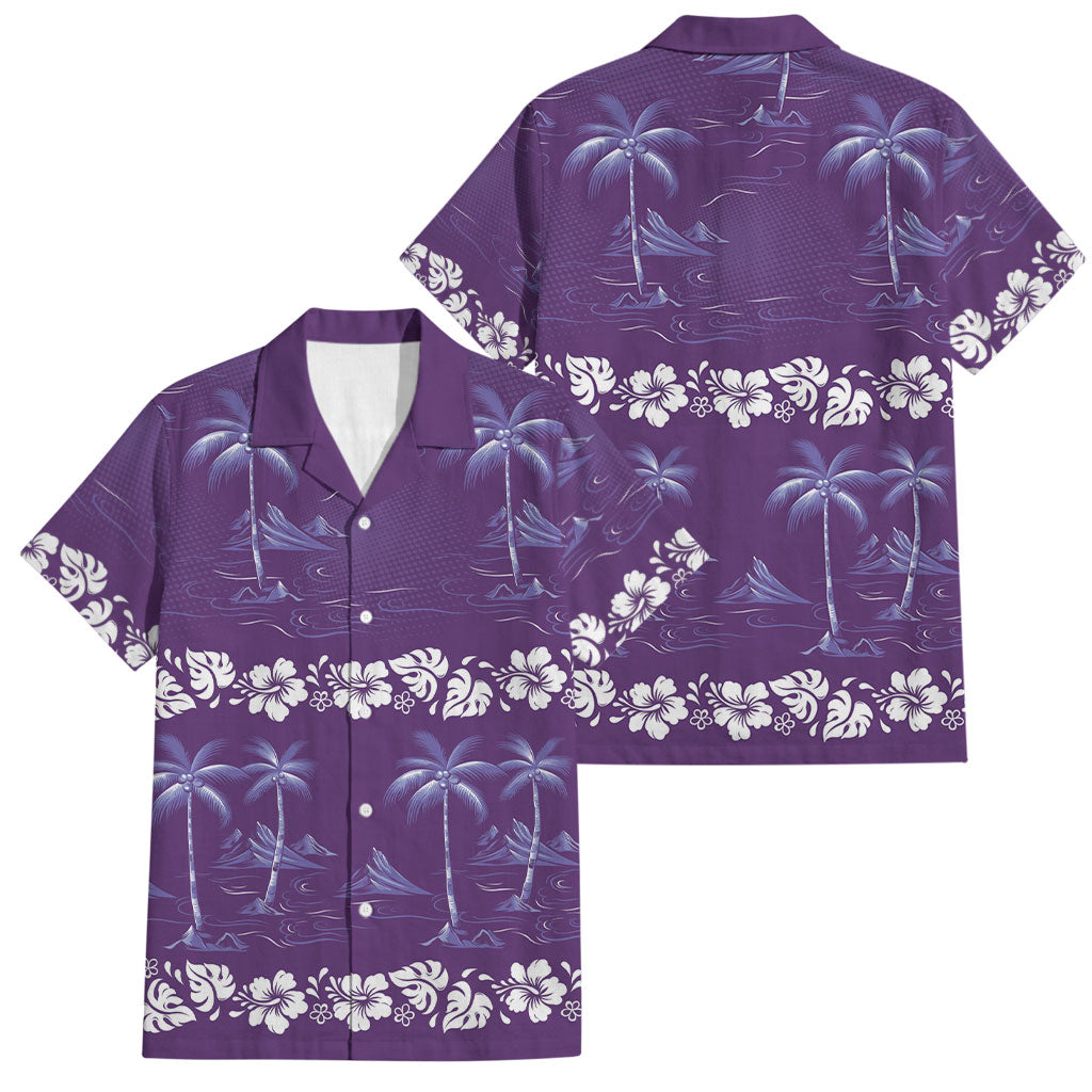 Purple Hawaii Palm Tree Hibiscus Family Matching Puletasi and Hawaiian Shirt Fantasy Summer Vibe