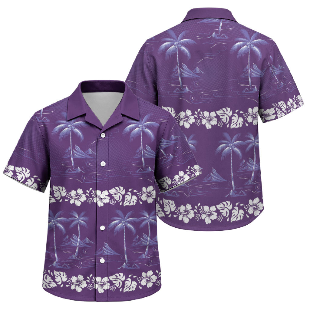 Purple Hawaii Palm Tree Hibiscus Family Matching Puletasi and Hawaiian Shirt Fantasy Summer Vibe
