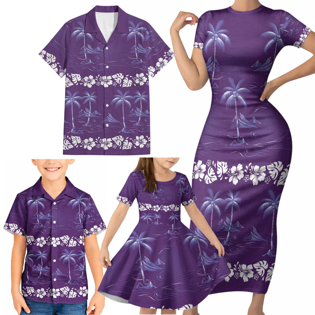 Purple Hawaii Palm Tree Hibiscus Family Matching Short Sleeve Bodycon Dress and Hawaiian Shirt Fantasy Summer Vibe LT01 - Polynesian Pride
