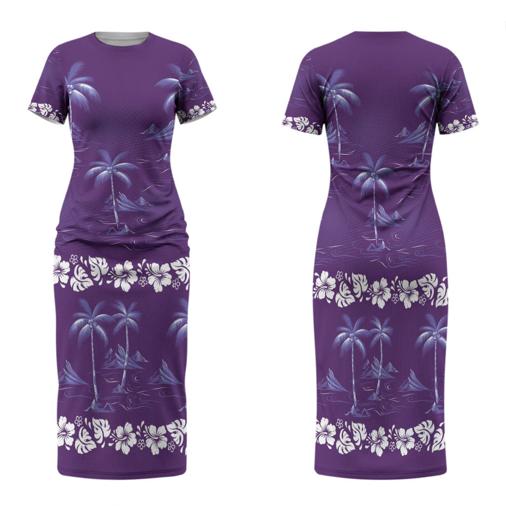Purple Hawaii Palm Tree Hibiscus Family Matching Short Sleeve Bodycon Dress and Hawaiian Shirt Fantasy Summer Vibe LT01 Mom's Dress Purple - Polynesian Pride