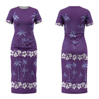 Purple Hawaii Palm Tree Hibiscus Family Matching Short Sleeve Bodycon Dress and Hawaiian Shirt Fantasy Summer Vibe LT01 Mom's Dress Purple - Polynesian Pride