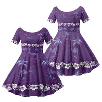 Purple Hawaii Palm Tree Hibiscus Family Matching Short Sleeve Bodycon Dress and Hawaiian Shirt Fantasy Summer Vibe LT01 Daughter's Dress Purple - Polynesian Pride