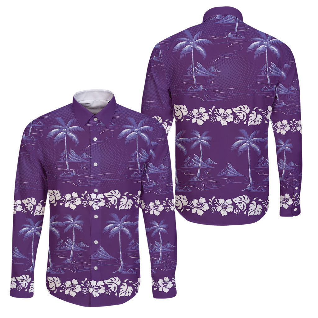 Purple Hawaii Palm Tree Hibiscus Family Matching Tank Maxi Dress and Hawaiian Shirt Fantasy Summer Vibe LT01 Dad's Shirt - Long Sleeve Purple - Polynesian Pride