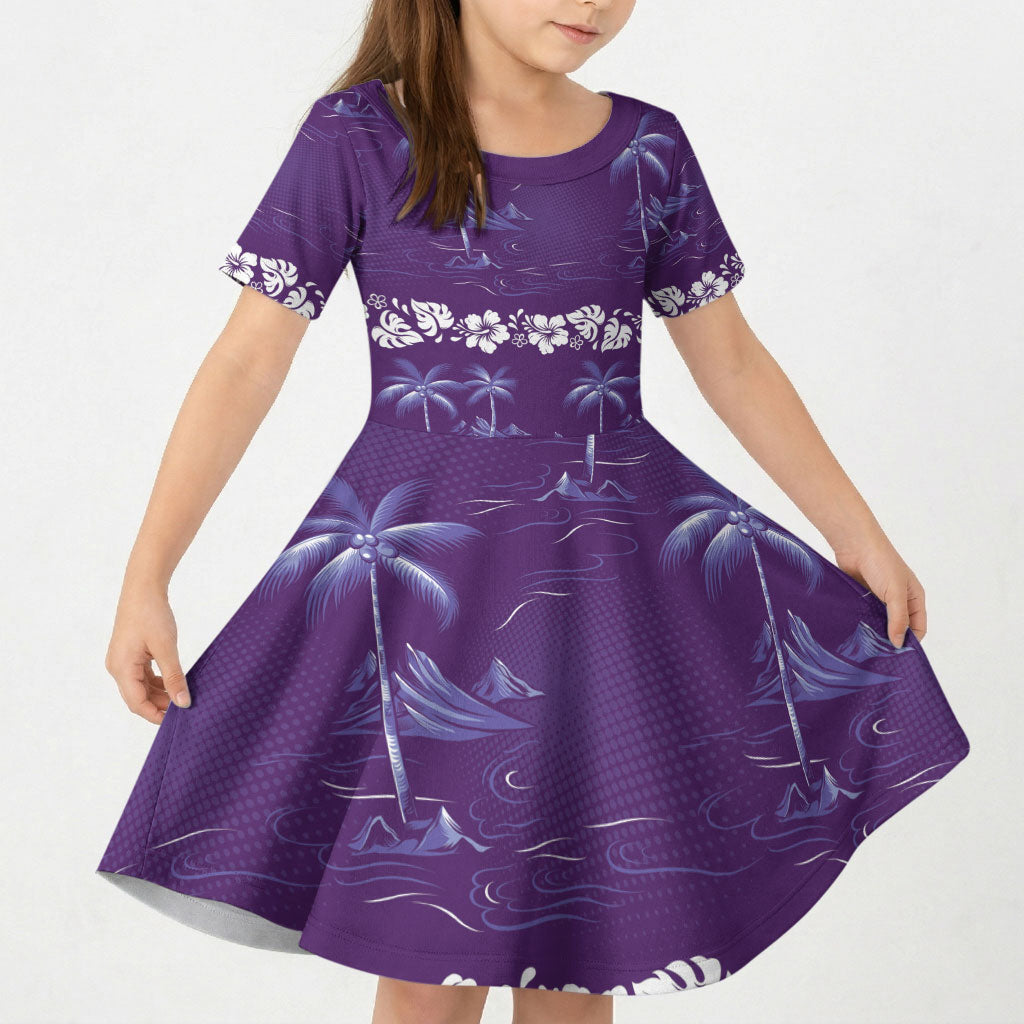 Purple Hawaii Palm Tree Hibiscus Kid Short Sleeve Dress Fantasy Summer Vibe LT01 KID Purple - Polynesian Pride
