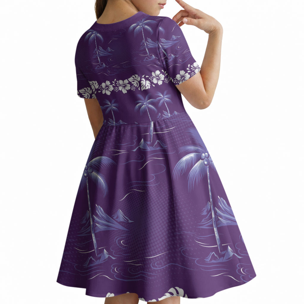 Purple Hawaii Palm Tree Hibiscus Kid Short Sleeve Dress Fantasy Summer Vibe LT01 - Polynesian Pride