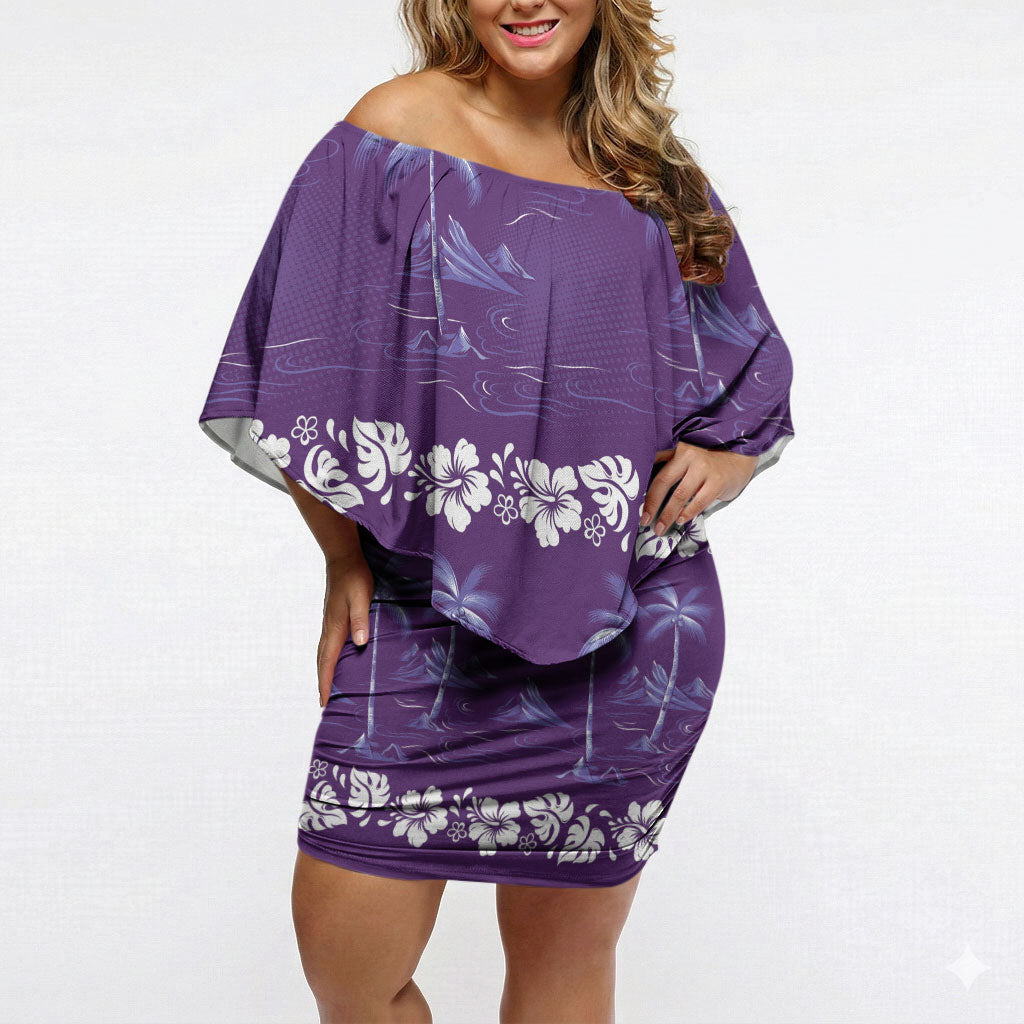 Purple Hawaii Palm Tree Hibiscus Off Shoulder Short Dress Fantasy Summer Vibe LT01 Women Purple - Polynesian Pride