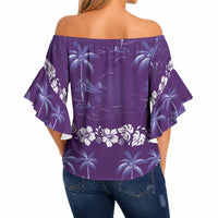 Purple Hawaii Palm Tree Hibiscus Off Shoulder Wrap Waist Top Fantasy Summer Vibe LT01 - Polynesian Pride