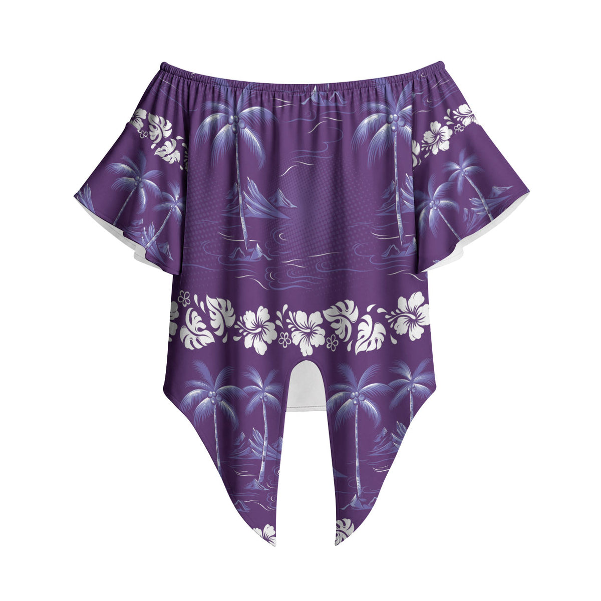 Purple Hawaii Palm Tree Hibiscus Off Shoulder Wrap Waist Top Fantasy Summer Vibe LT01 - Polynesian Pride
