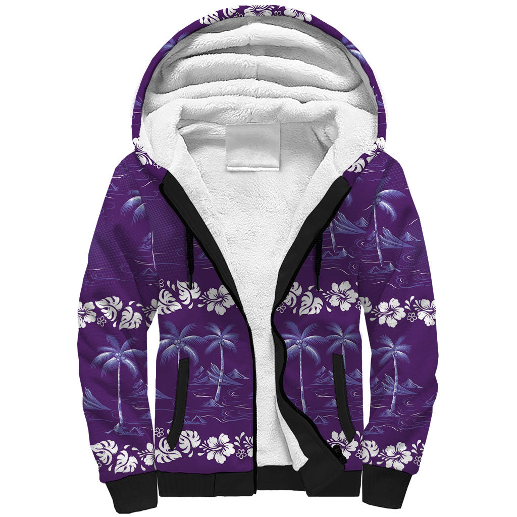 Purple Hawaii Palm Tree Hibiscus Sherpa Hoodie Fantasy Summer Vibe LT01 Unisex Purple - Polynesian Pride