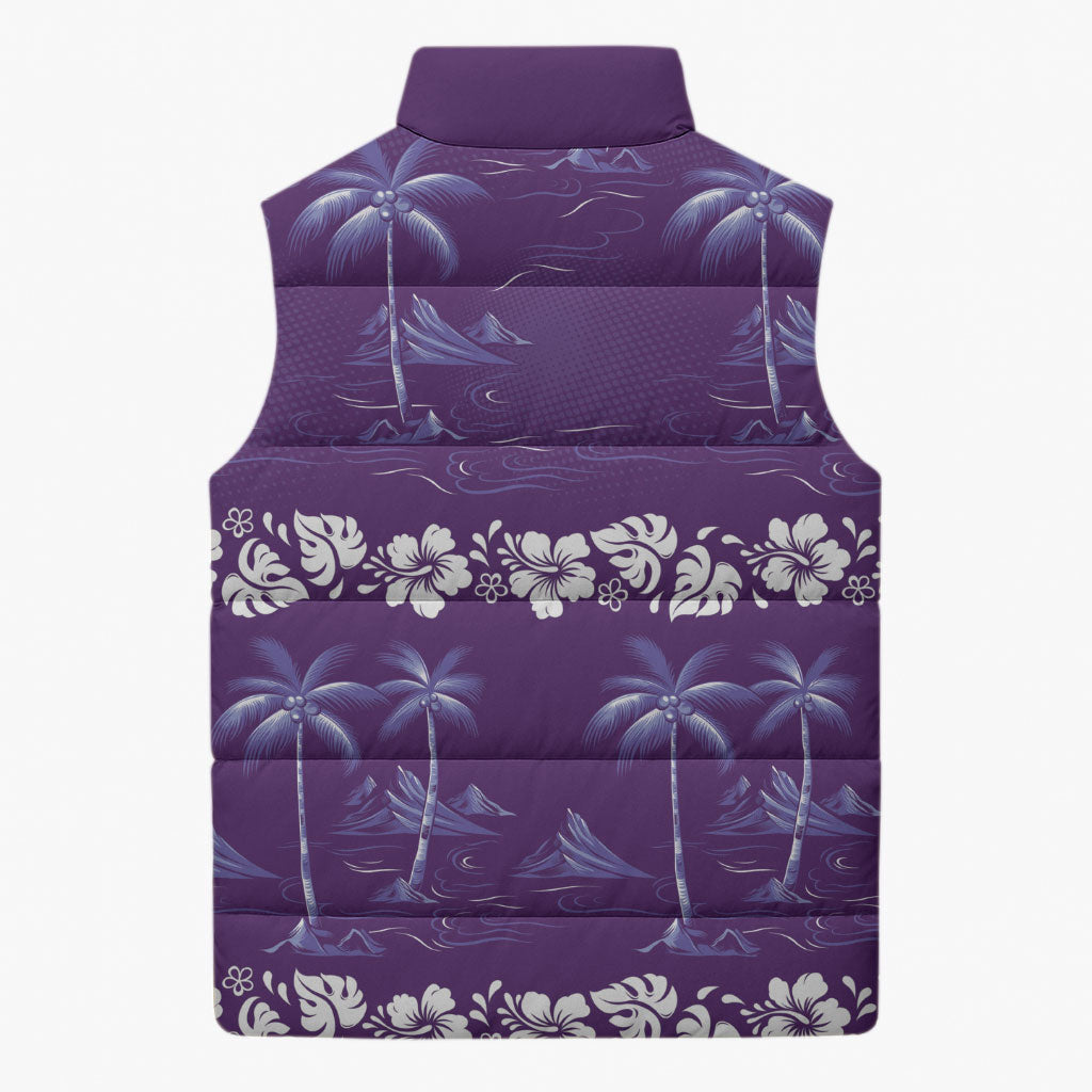 Purple Hawaii Palm Tree Hibiscus Sleeveless Puffer Jacket Fantasy Summer Vibe LT01 - Polynesian Pride