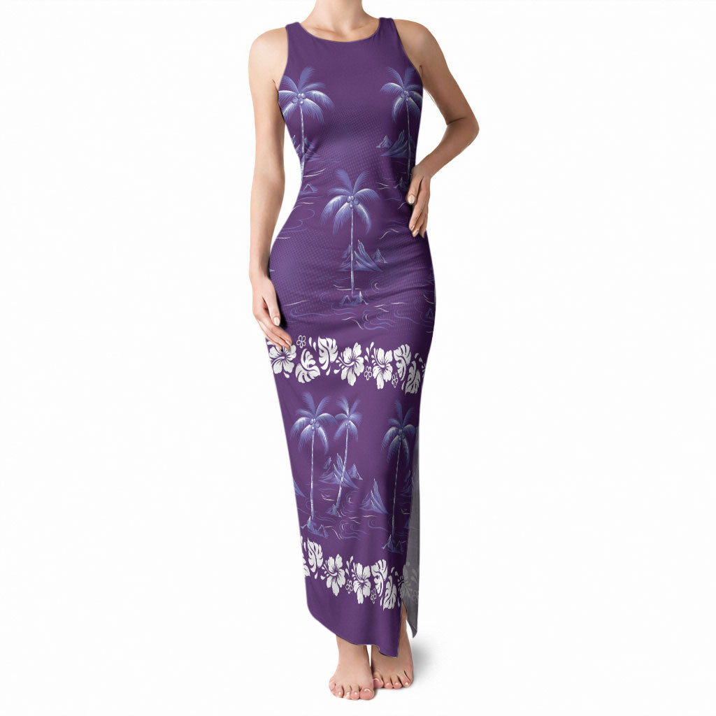 Purple Hawaii Palm Tree Hibiscus Tank Maxi Dress Fantasy Summer Vibe LT01 Women Purple - Polynesian Pride