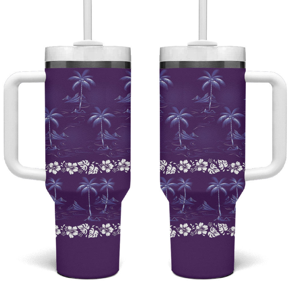 Purple Hawaii Palm Tree Hibiscus Tumbler With Handle Fantasy Summer Vibe LT01 One Size: 40 oz Purple - Polynesian Pride