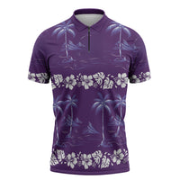 Purple Hawaii Palm Tree Hibiscus Zipper Polo Shirt Fantasy Summer Vibe LT01 Purple - Polynesian Pride
