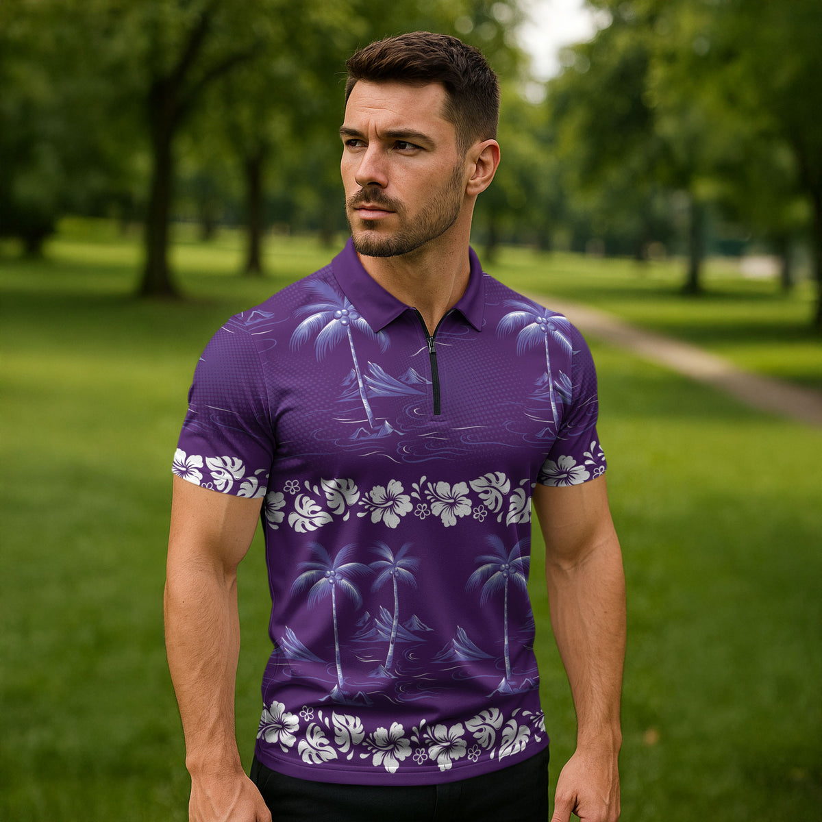 Purple Hawaii Palm Tree Hibiscus Zipper Polo Shirt Fantasy Summer Vibe LT01 - Polynesian Pride