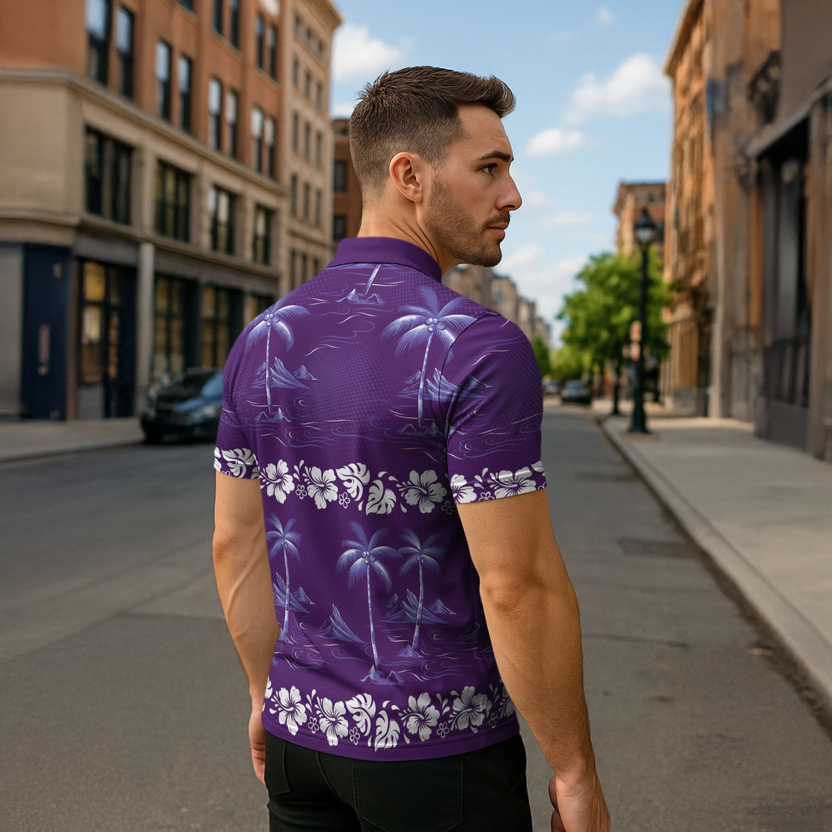 Purple Hawaii Palm Tree Hibiscus Zipper Polo Shirt Fantasy Summer Vibe LT01 - Polynesian Pride