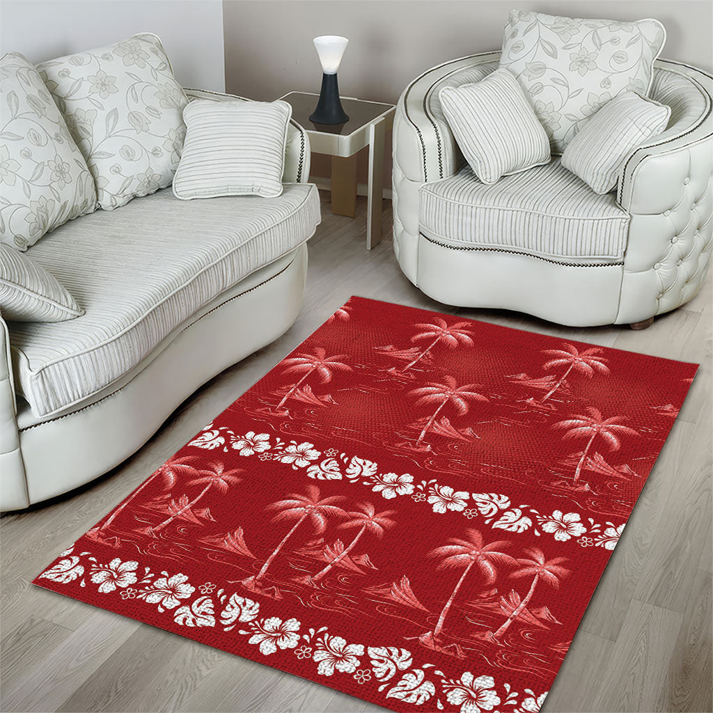 Red Hawaii Palm Tree Hibiscus Area Rug Fantasy Summer Vibe LT01 - Polynesian Pride