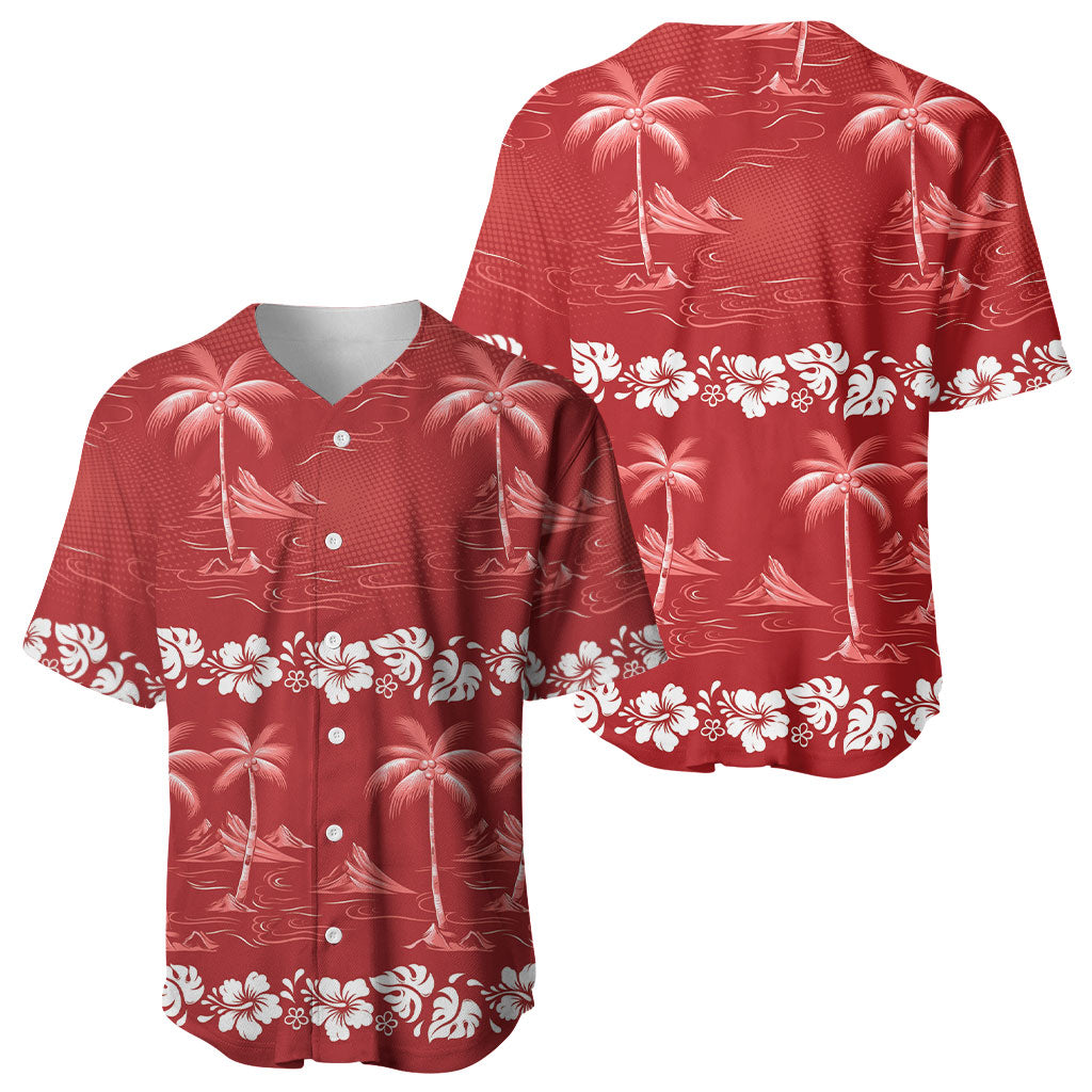 Red Hawaii Palm Tree Hibiscus Baseball Jersey Fantasy Summer Vibe