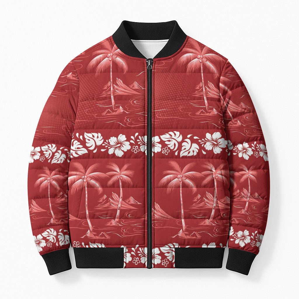 Red Hawaii Palm Tree Hibiscus Bomber Puffer Jacket Fantasy Summer Vibe LT01 Unisex Red - Polynesian Pride