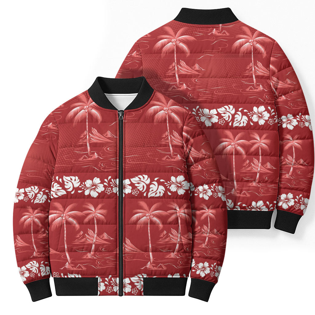 Red Hawaii Palm Tree Hibiscus Bomber Puffer Jacket Fantasy Summer Vibe LT01 - Polynesian Pride