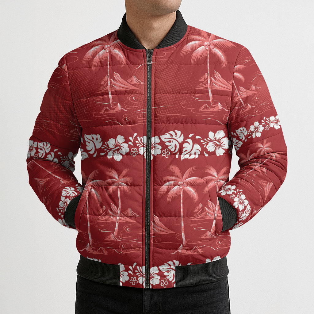 Red Hawaii Palm Tree Hibiscus Bomber Puffer Jacket Fantasy Summer Vibe LT01 - Polynesian Pride