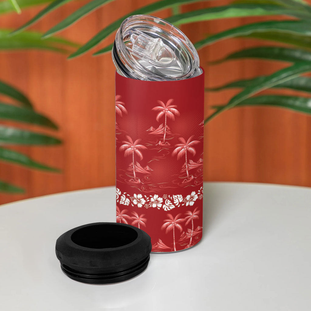Red Hawaii Palm Tree Hibiscus 4 in 1 Can Cooler Tumbler Fantasy Summer Vibe LT01 - Polynesian Pride