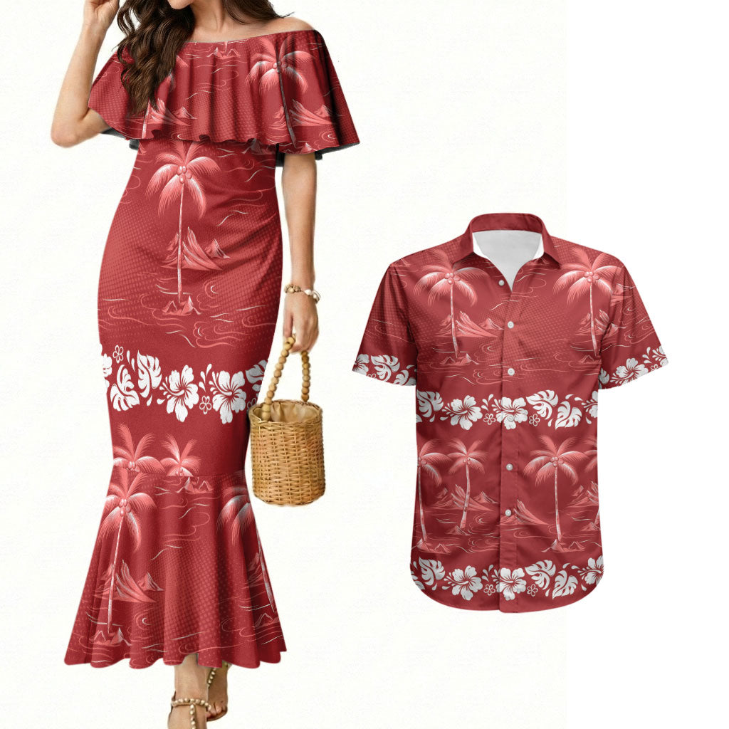Red Hawaii Palm Tree Hibiscus Couples Matching Mermaid Dress and Hawaiian Shirt Fantasy Summer Vibe