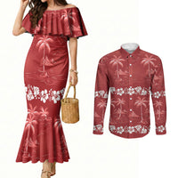 Red Hawaii Palm Tree Hibiscus Couples Matching Mermaid Dress and Long Sleeve Button Shirt Fantasy Summer Vibe LT01 Red - Polynesian Pride